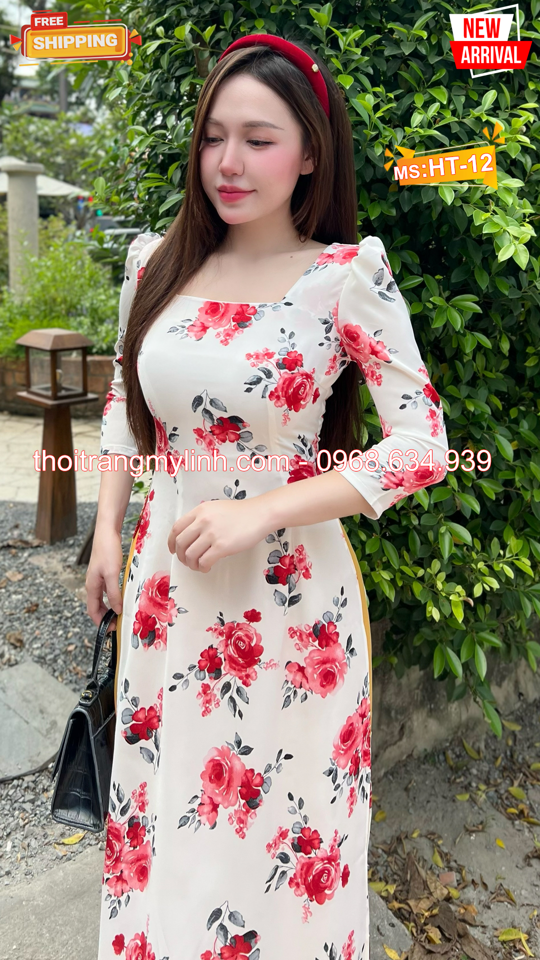 Áo dài họa tiết bông đỏ tươi nền trắng HT12