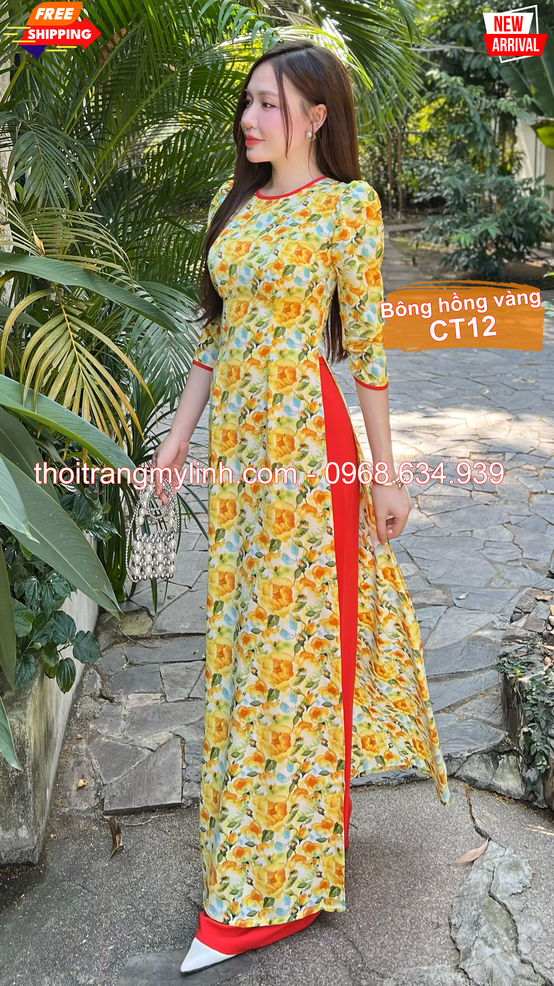 Áo dài cổ tròn họa tiết bông hồng vàng CT12