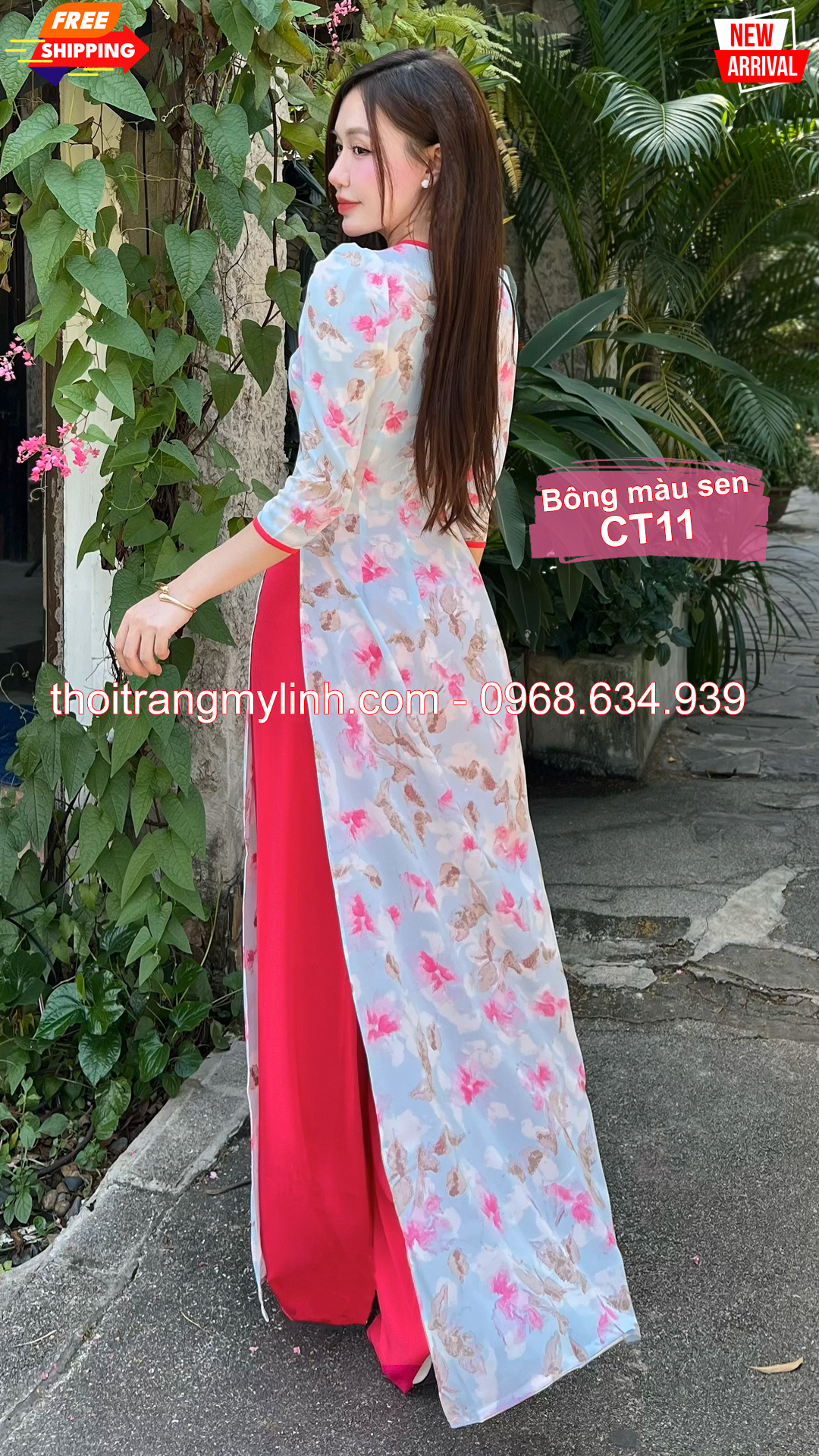 Áo dài cổ tròn họa tiết bông màu sen CT11