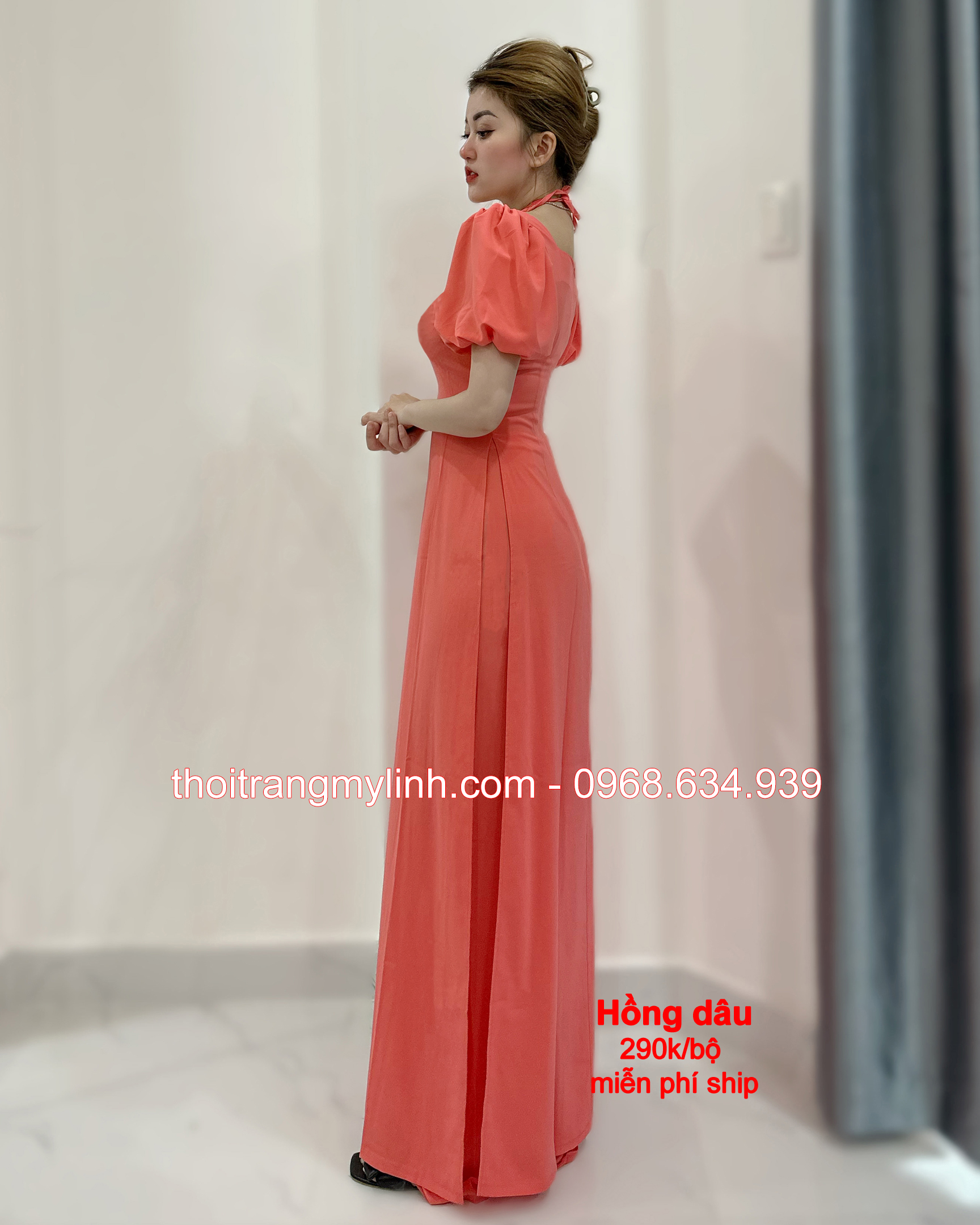 ÁO DÀI CỔ YẾM TAY PHỒNG BÍ MÀU HỒNG DÂU