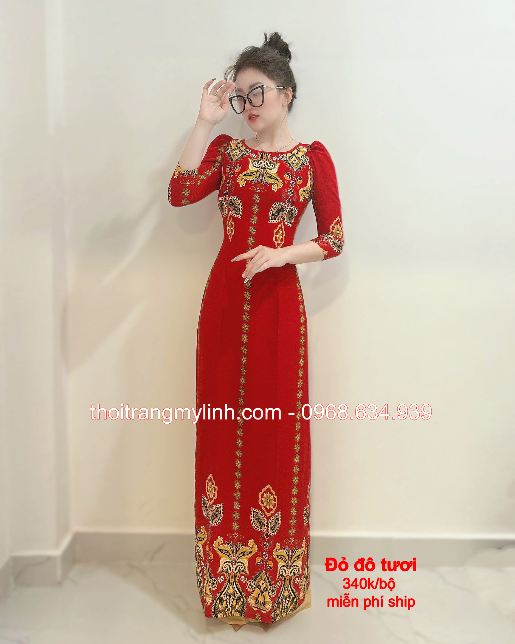 ÁO DÀI HỌA TIẾT CỔ THUYỀN, TAY PHỒNG MÀU ĐỎ ĐÔ TƯƠI