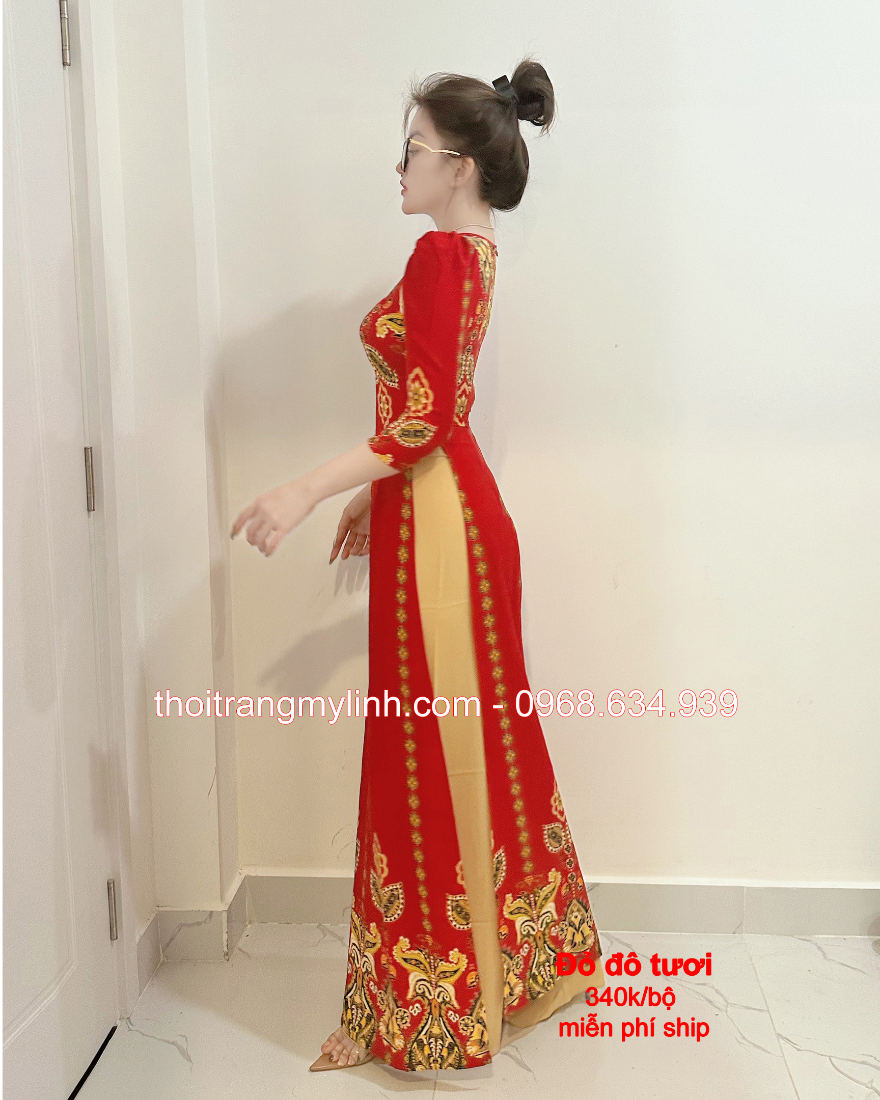ÁO DÀI HỌA TIẾT CỔ THUYỀN, TAY PHỒNG MÀU ĐỎ ĐÔ TƯƠI