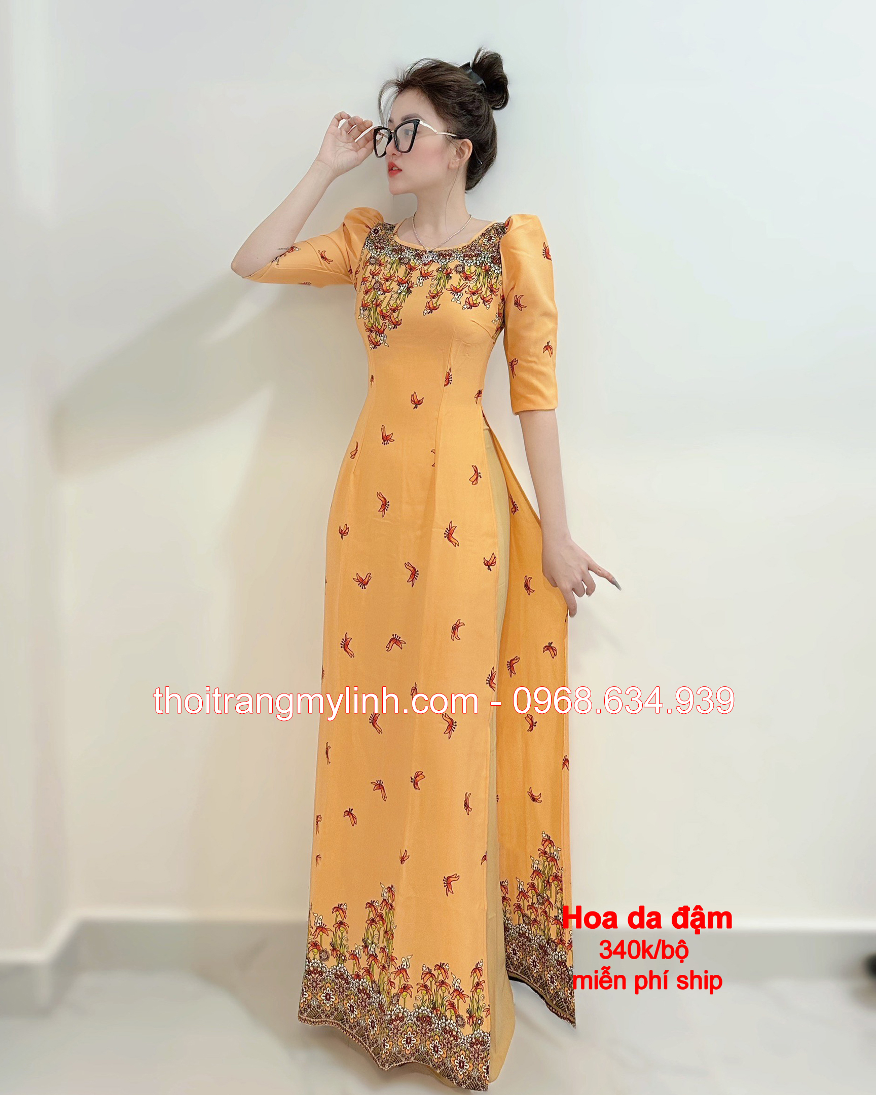 ÁO DÀI HỌA TIẾT CỔ THUYỀN, TAY LỠ MÀU HOA DA ĐẬM