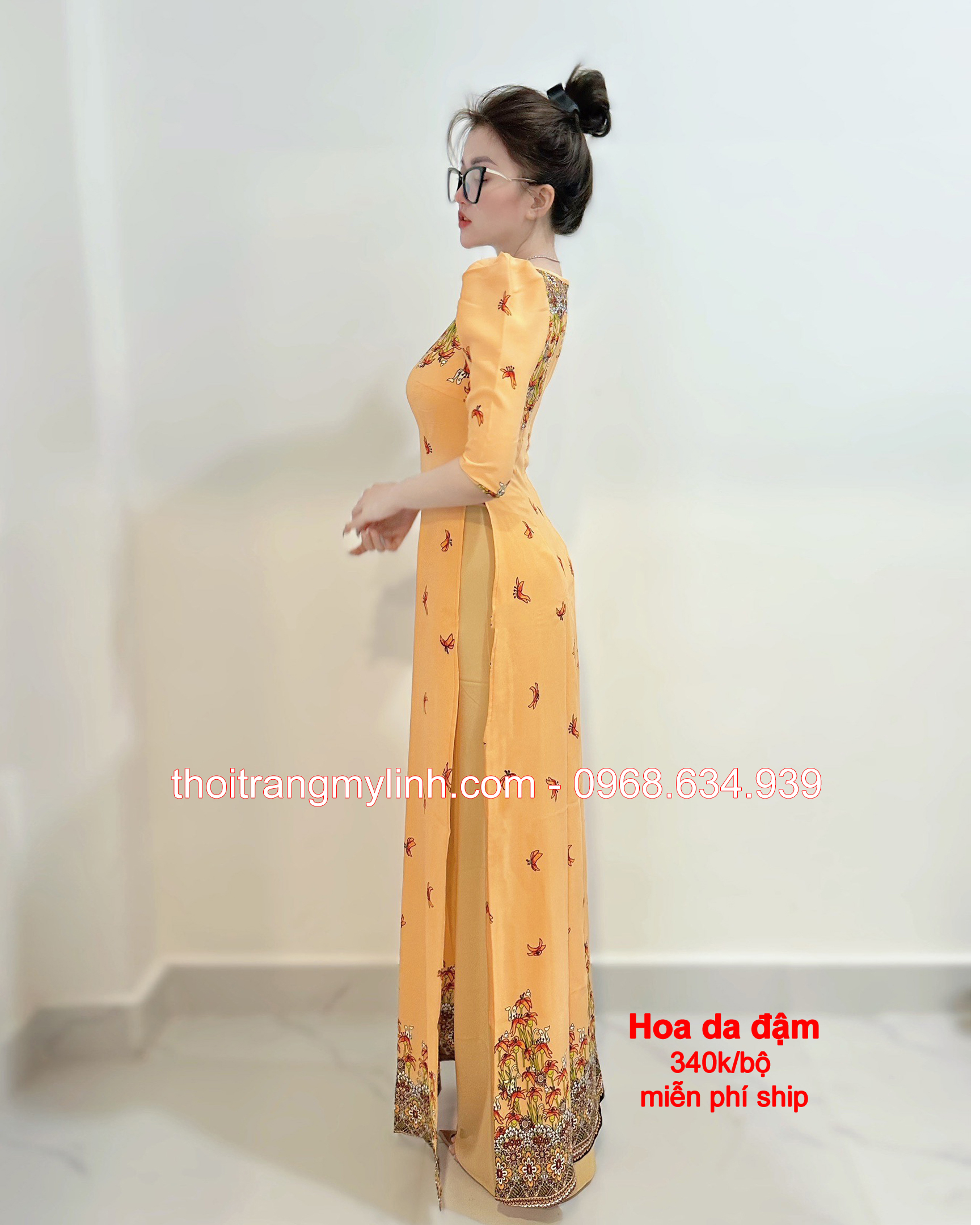 ÁO DÀI HỌA TIẾT CỔ THUYỀN, TAY LỠ MÀU HOA DA ĐẬM