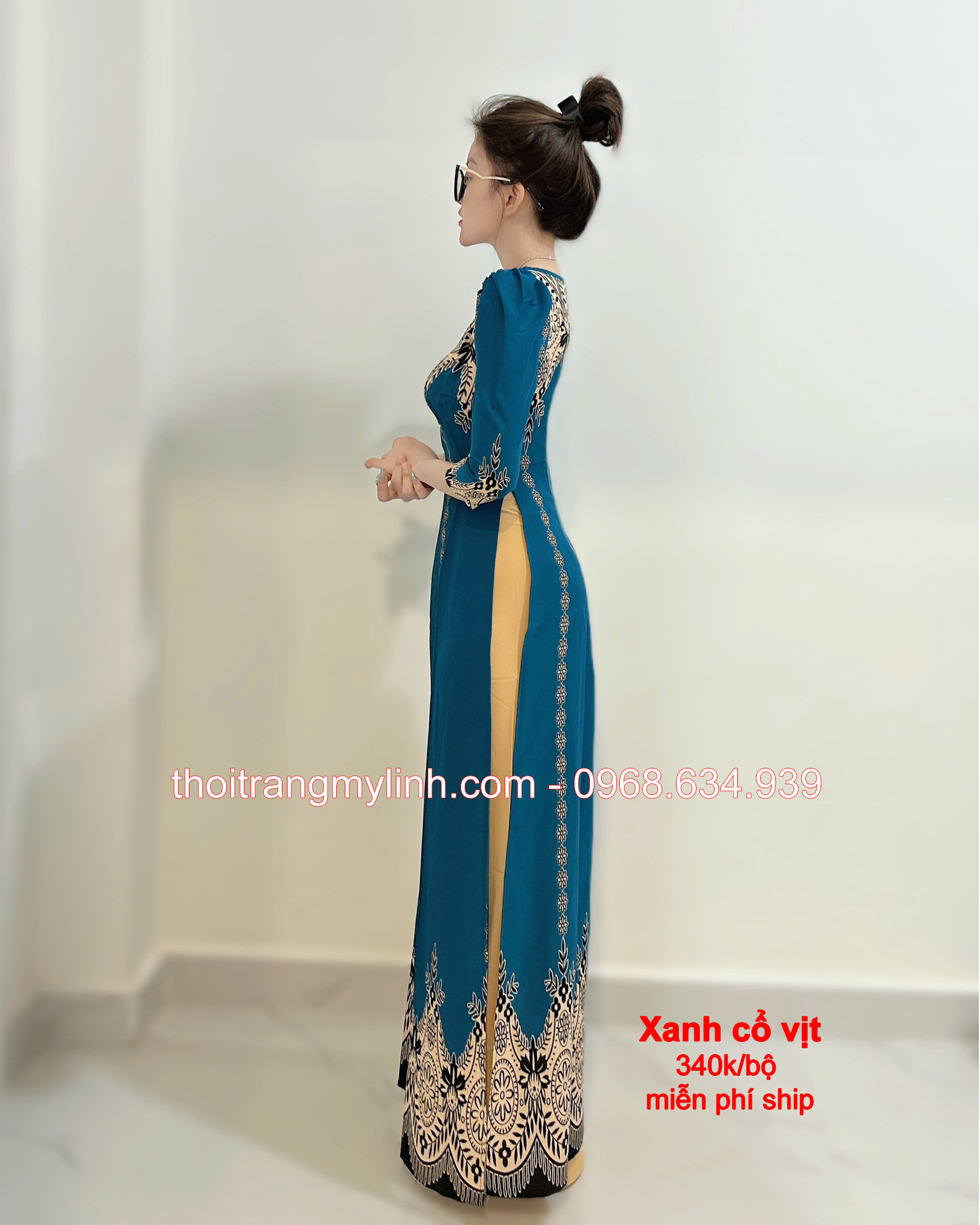 ÁO DÀI HỌA TIẾT CỔ THUYỀN, TAY LỠ MÀU XANH CỔ VỊT