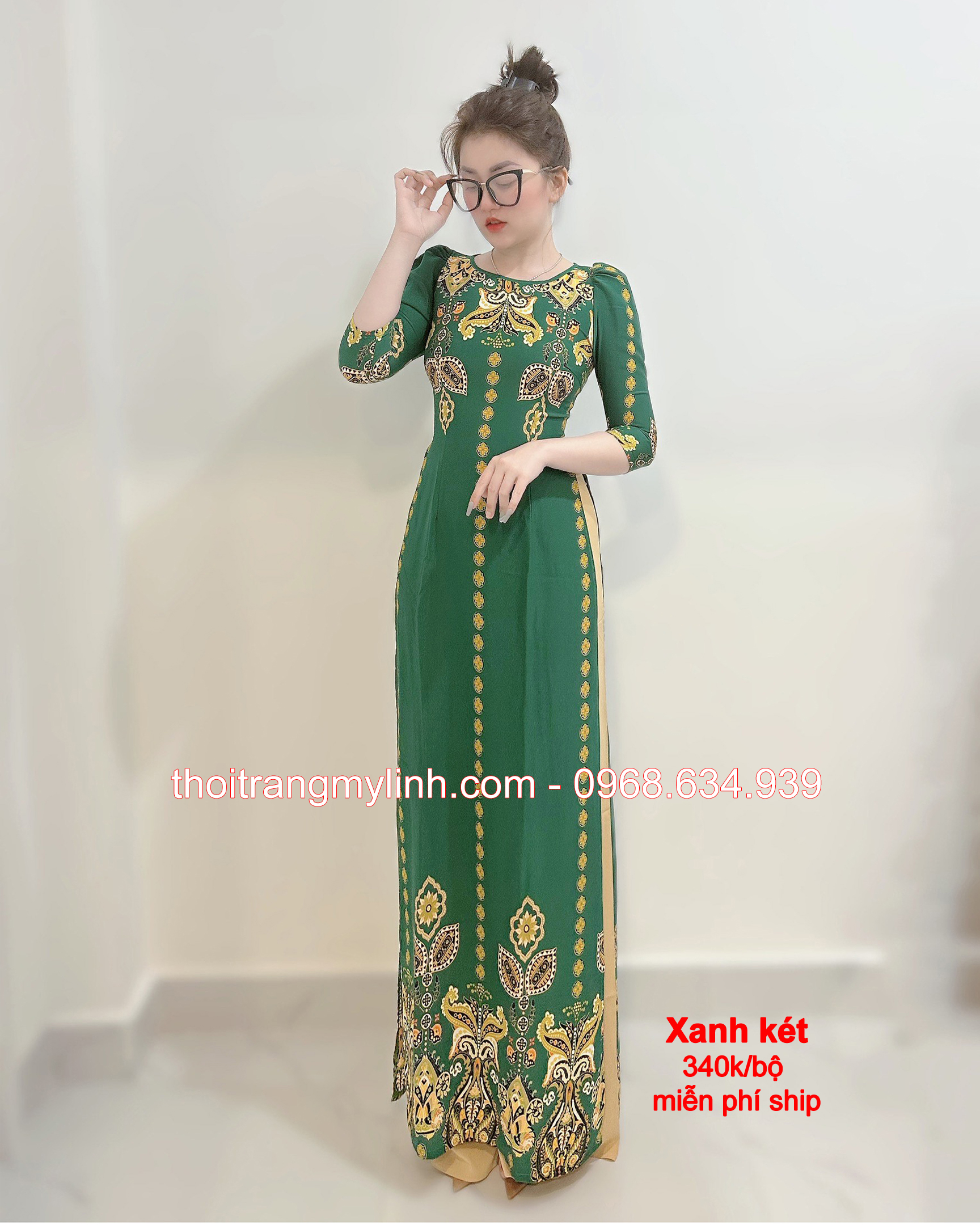ÁO DÀI HỌA TIẾT CỔ TRÒN MÀU XANH KÉT
