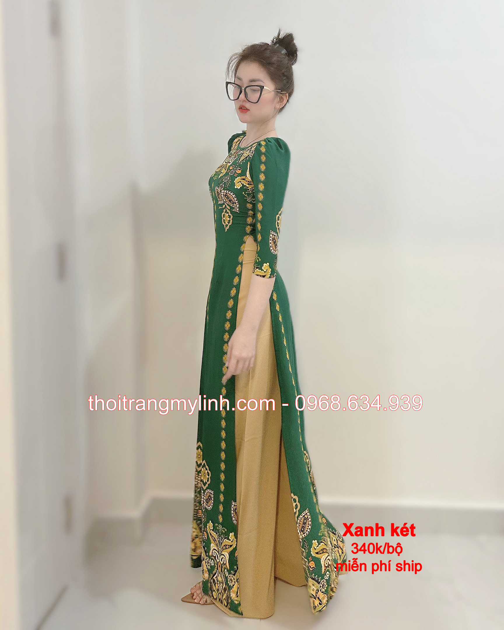 ÁO DÀI HỌA TIẾT CỔ TRÒN MÀU XANH KÉT