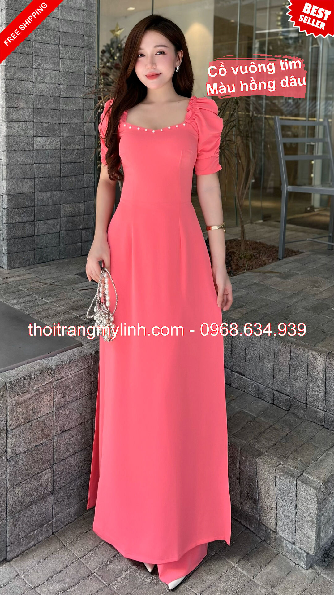 Bộ áo dài cổ tim bầu đính hạt tay dún màu hồng dâu