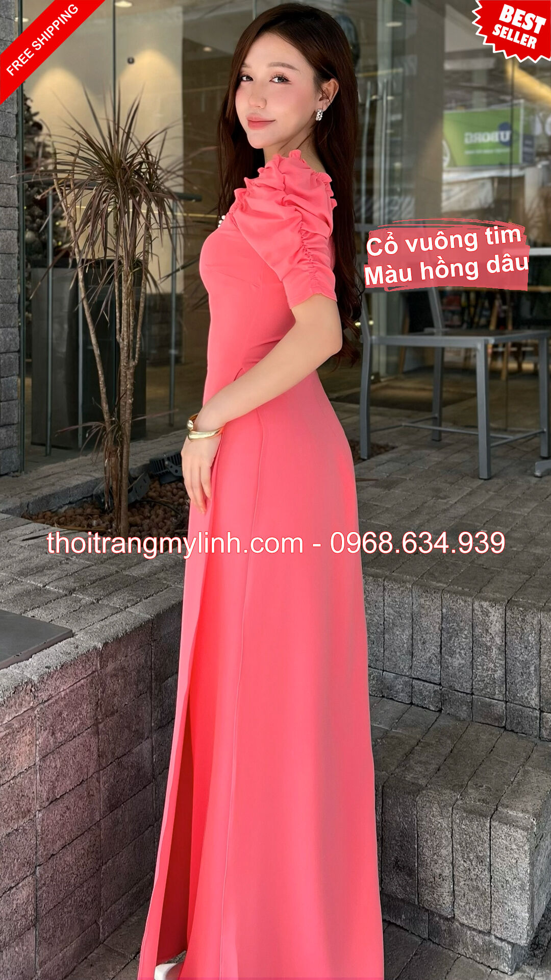 Bộ áo dài cổ tim bầu đính hạt tay dún màu hồng dâu