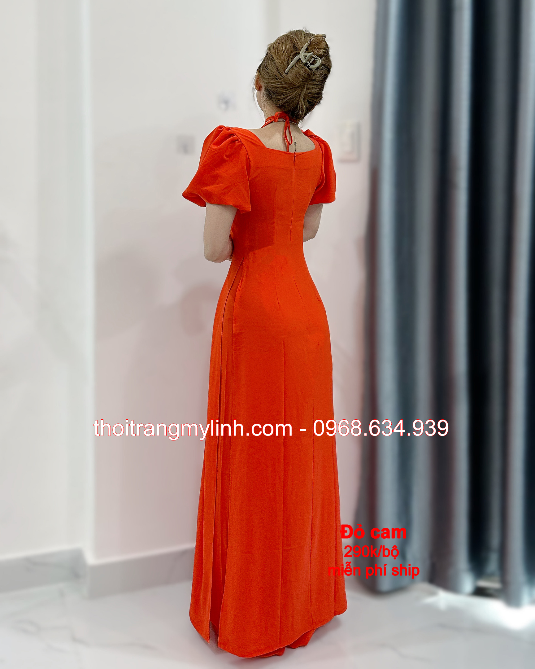 Áo dài cổ yếm tay phồng bí màu đỏ cam