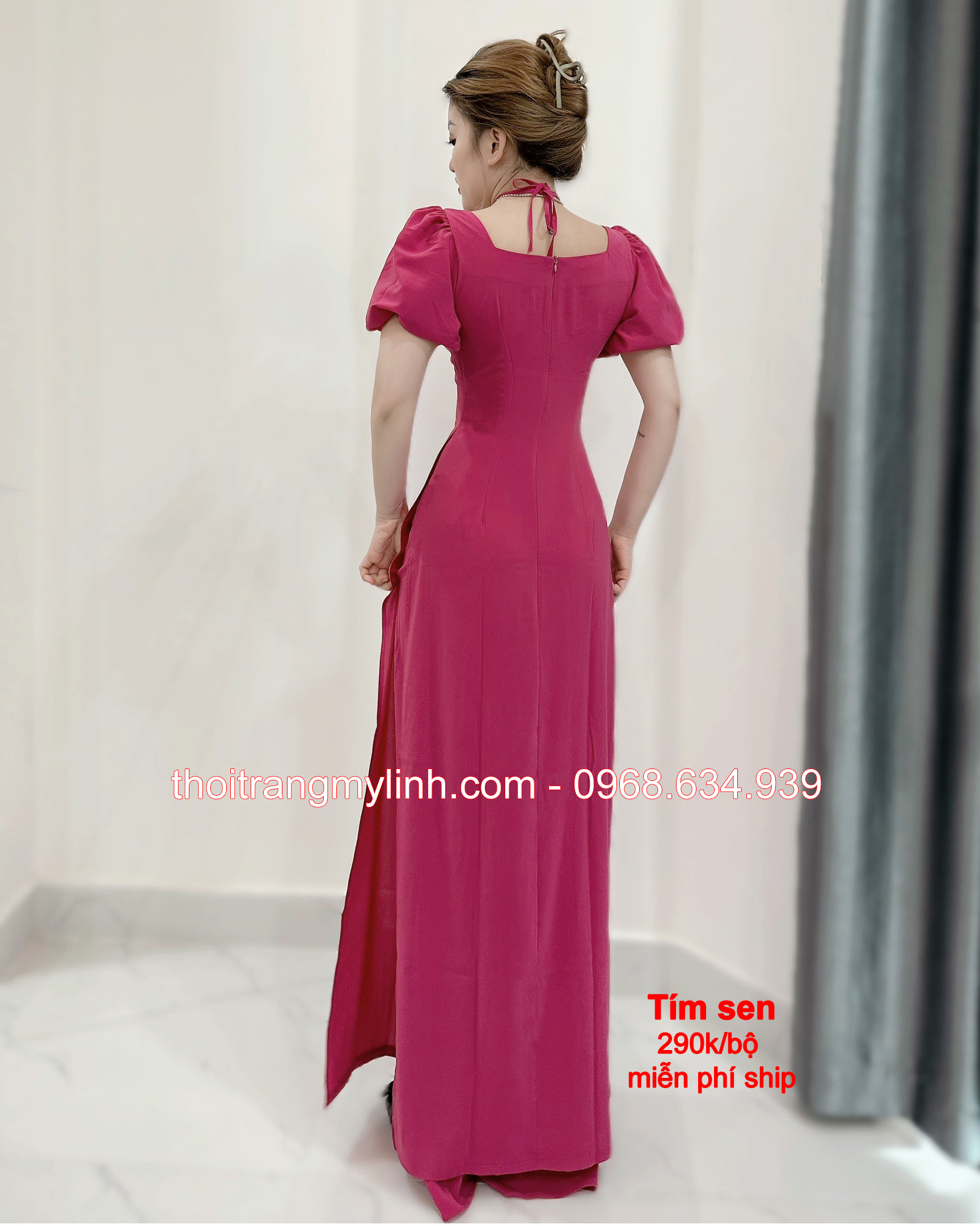 Áo dài cổ yếm tay phồng bí màu tím sen
