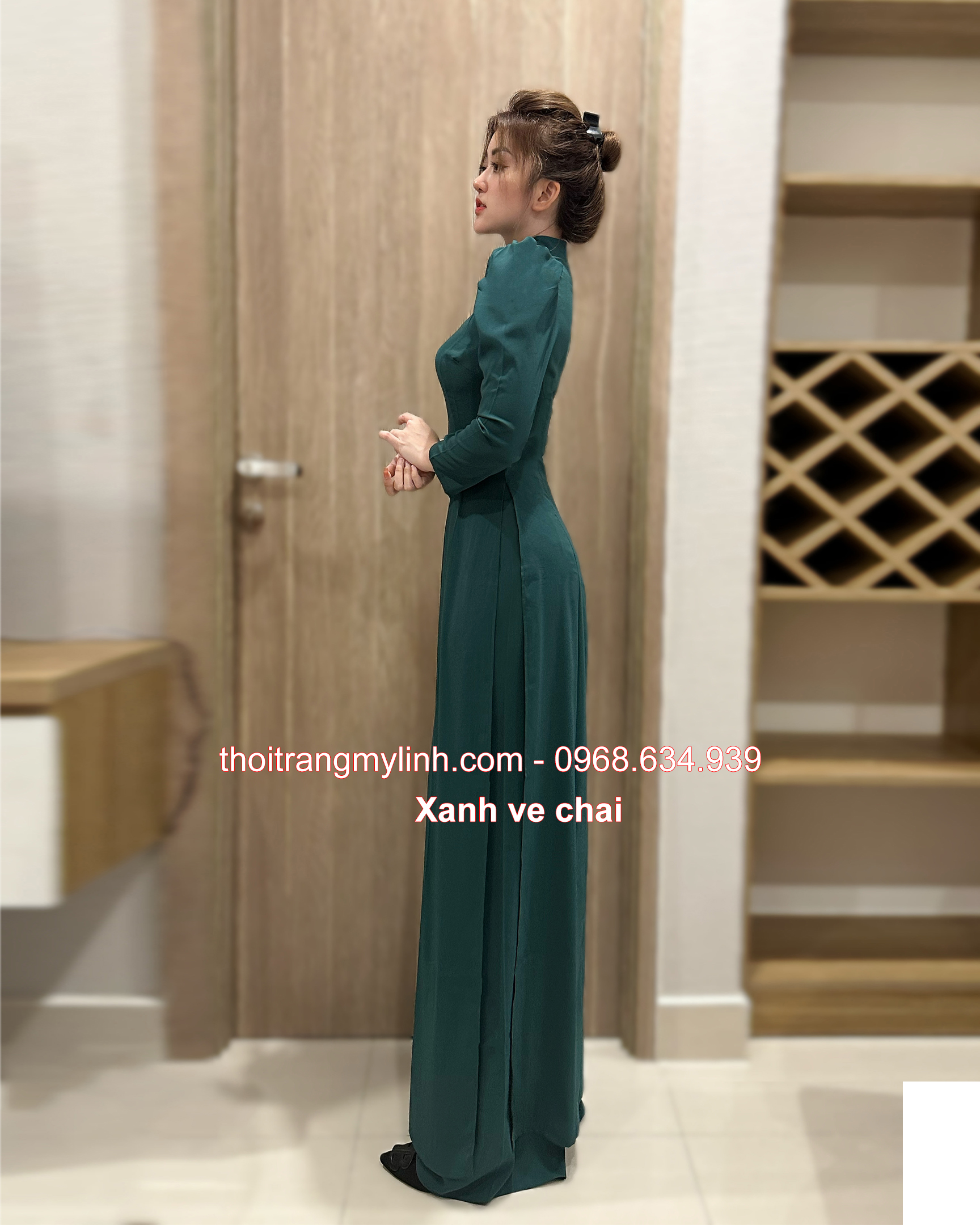 Áo dài cổ 3 phân tay phồng, dài màu xanh ve chai