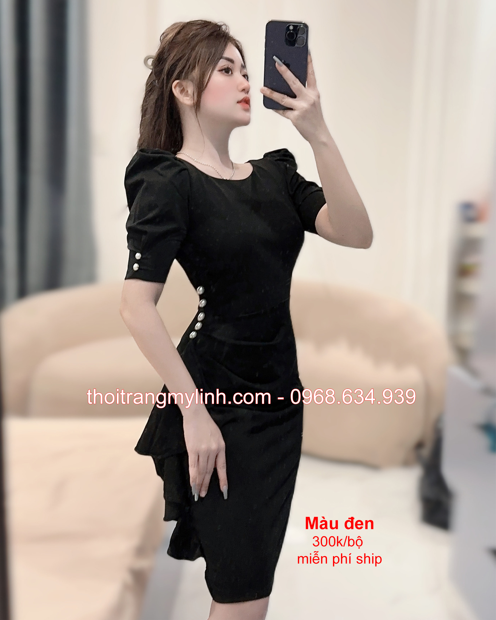 Đầm body đính ngọc trai màu đen