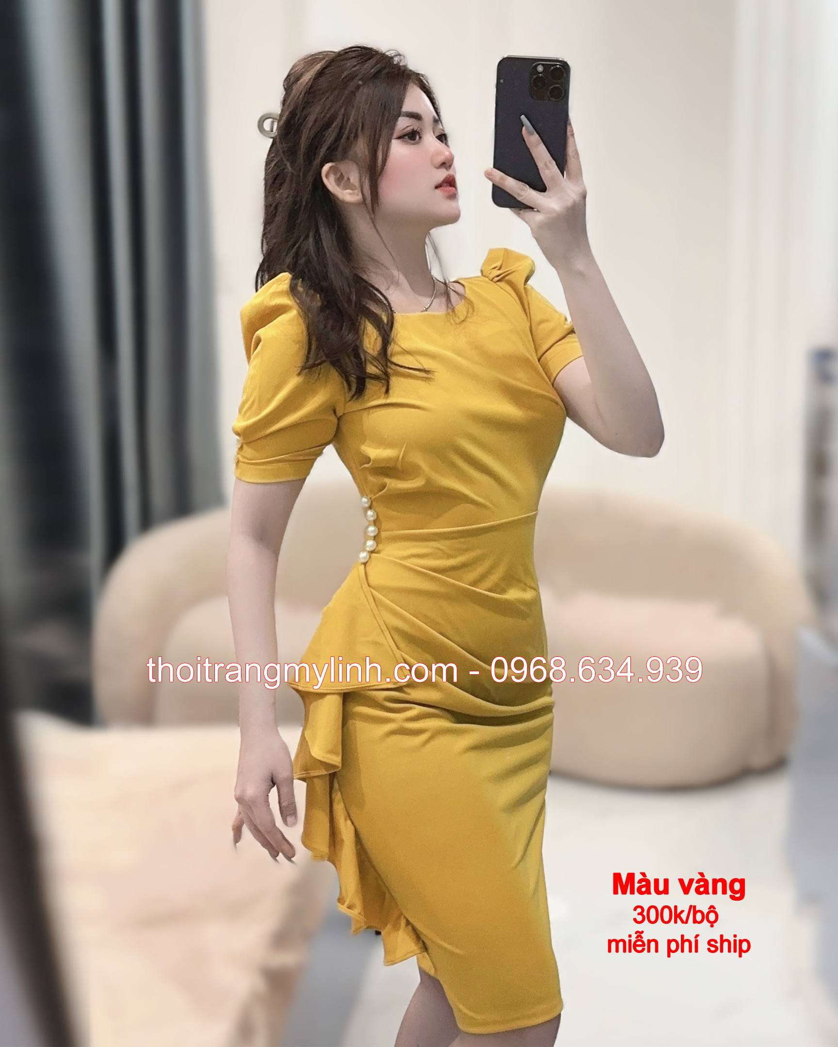 Đầm body đính ngọc trai màu vàng