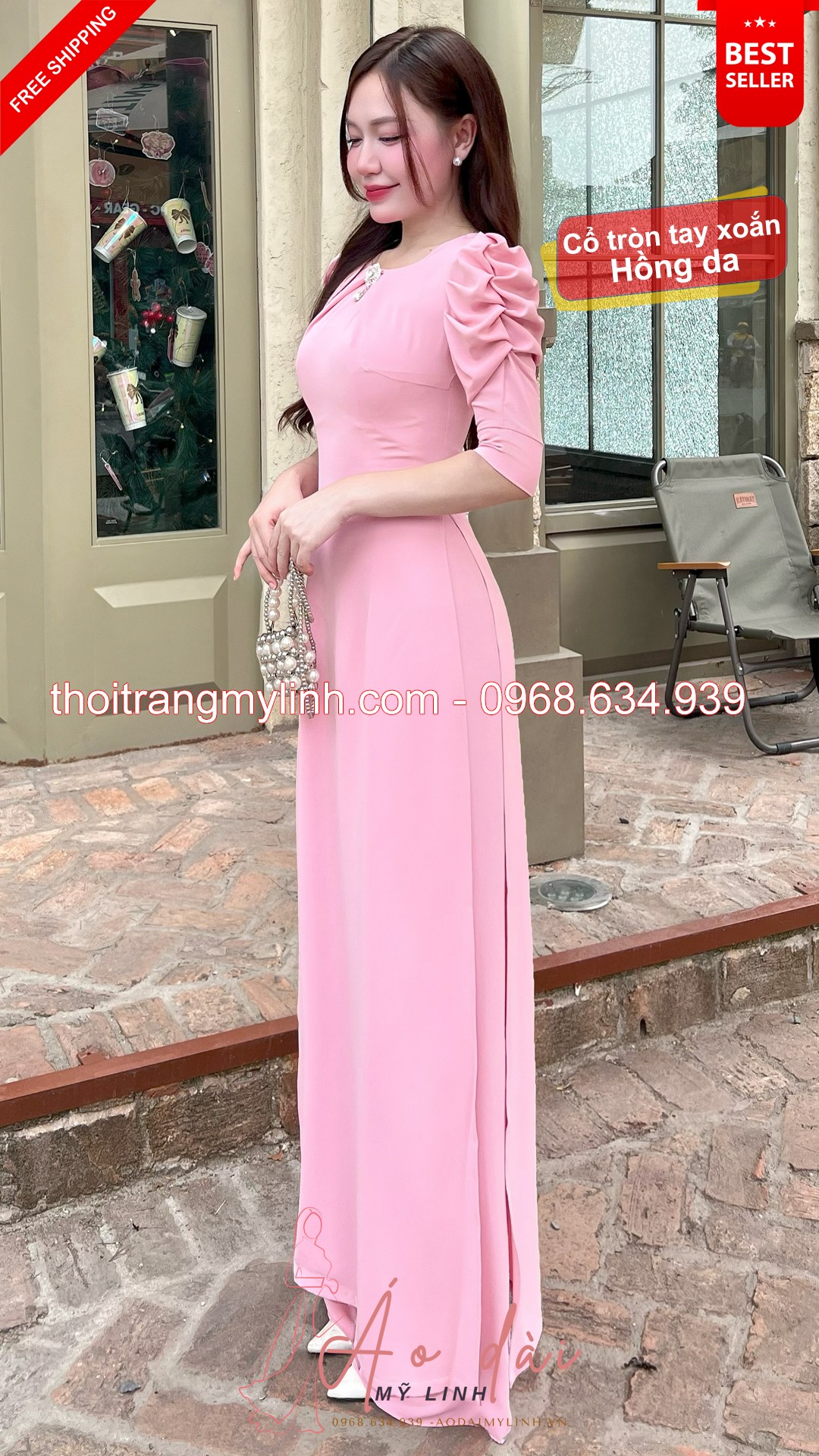 Bộ áo dài cổ tròn xếp li đính đá tay xoắn hồng da