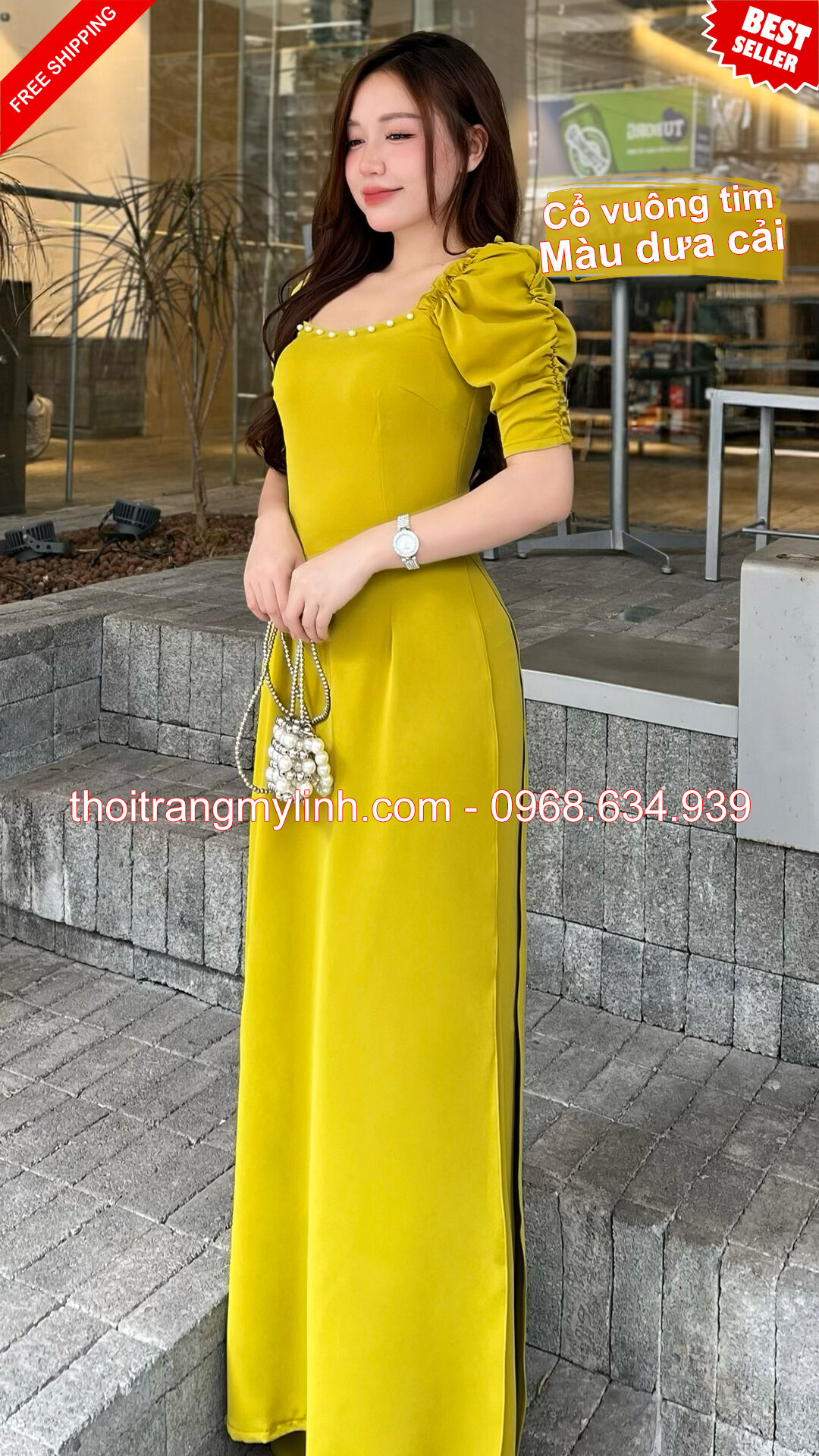 Bộ áo dài cổ tim bầu đính hạt tay dún màu dưa cải