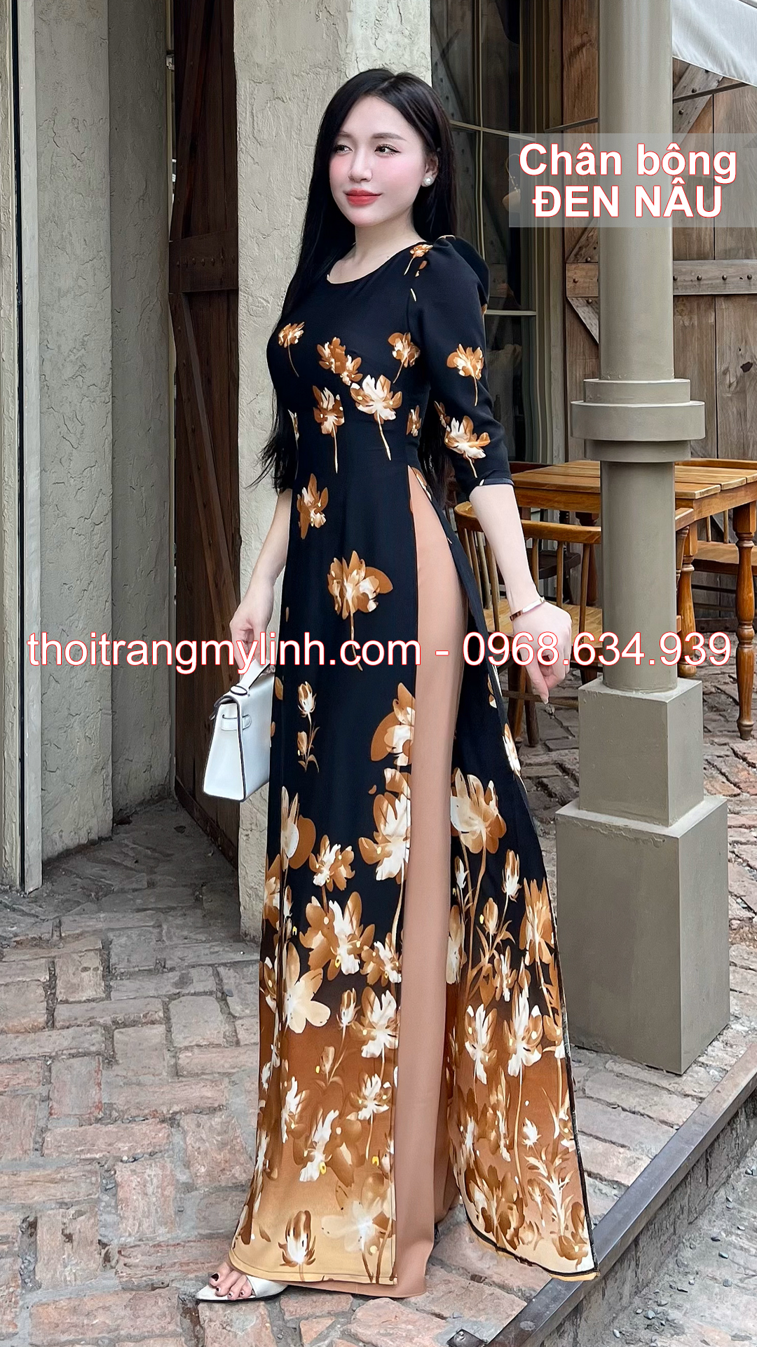 Áo dài cổ tròn họa tiết chân bông đen nâu