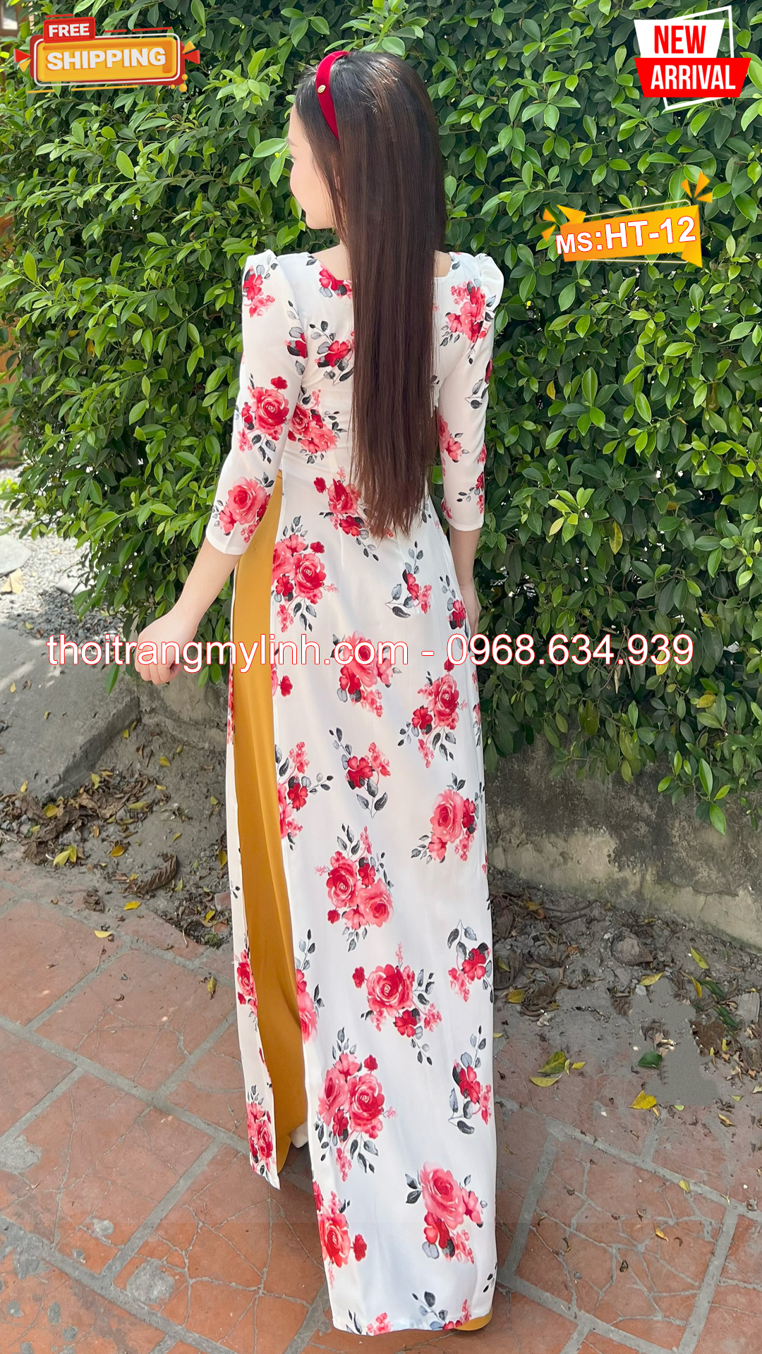 Áo dài họa tiết bông đỏ tươi nền trắng HT12