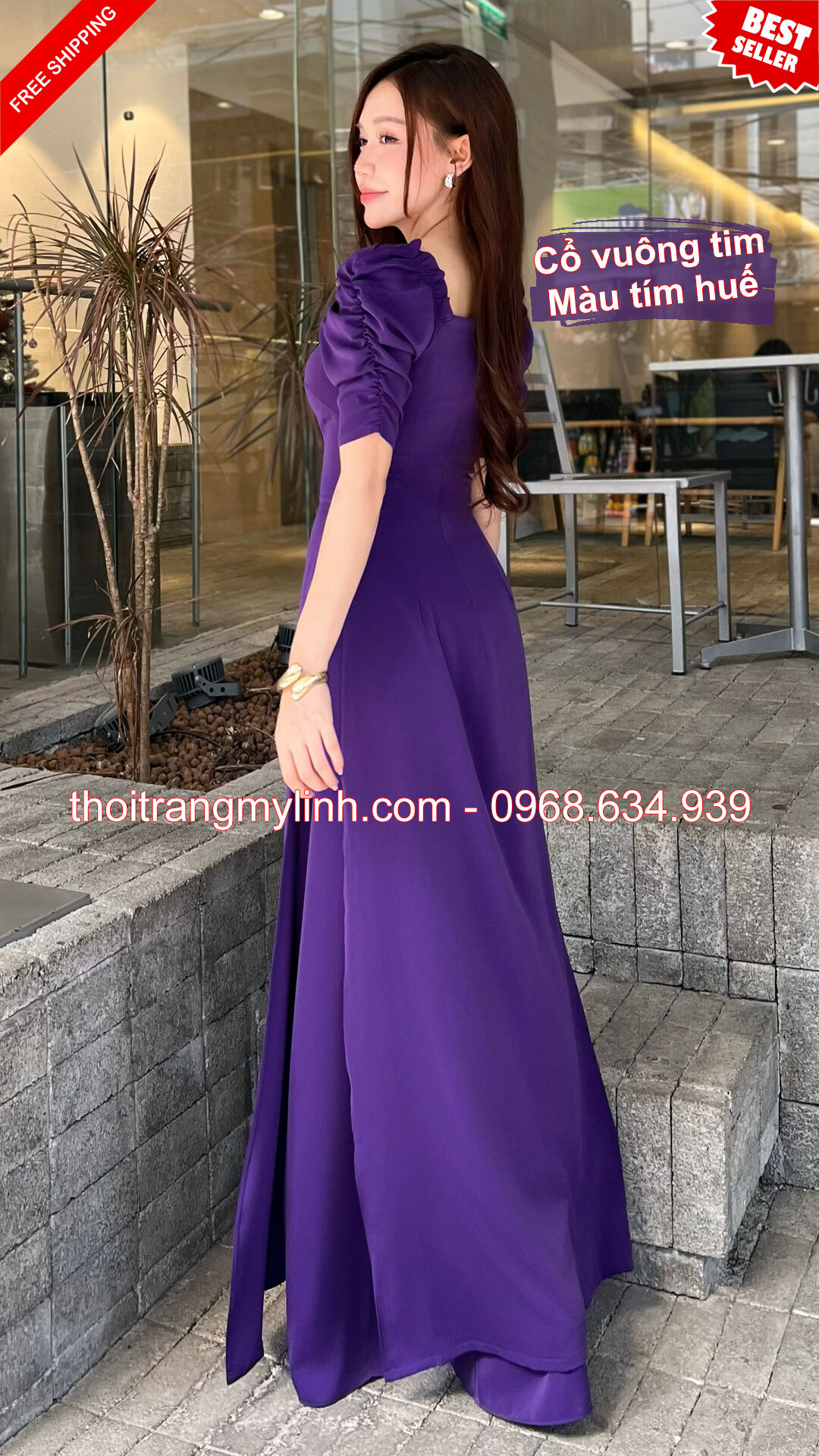 Bộ áo dài cổ vuông tim tay dún màu tím huế