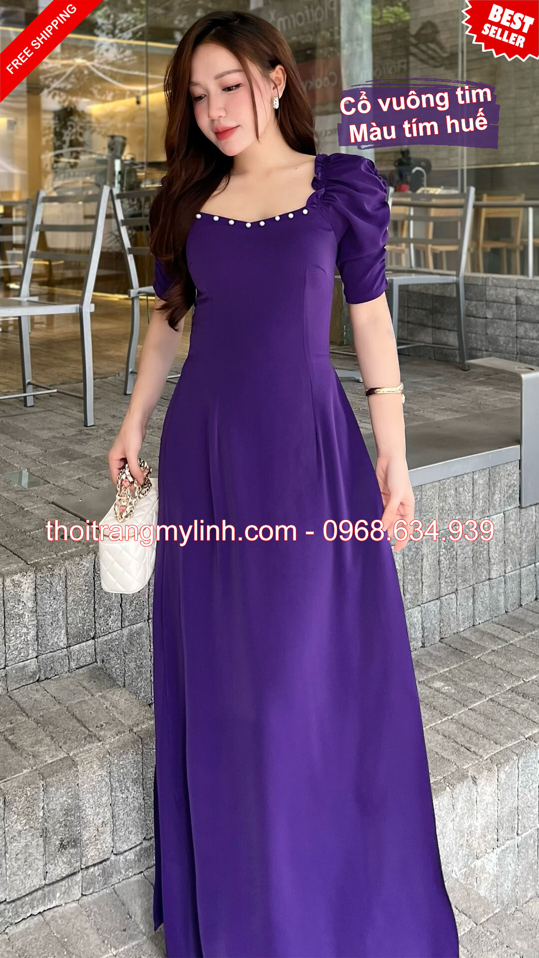 Bộ áo dài cổ vuông tim tay dún màu tím huế