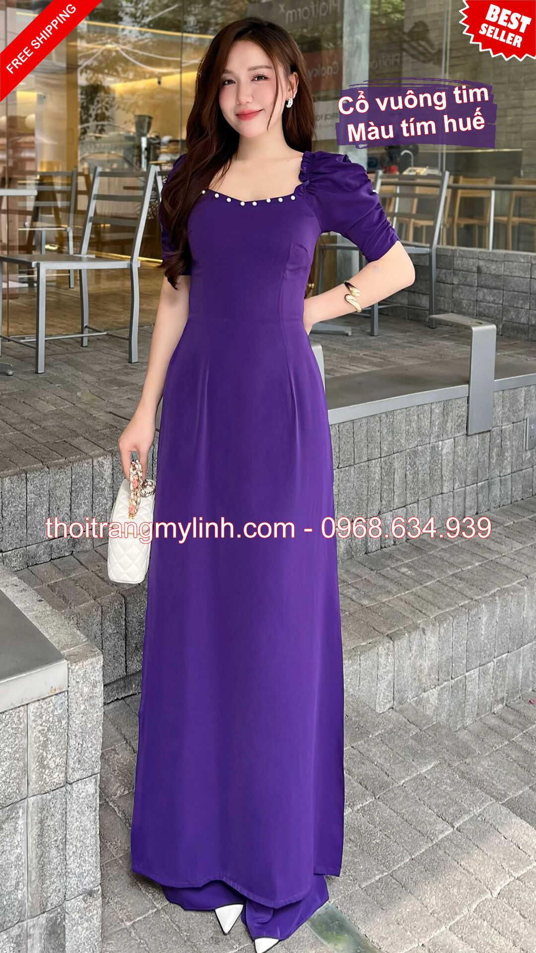 Bộ áo dài cổ vuông tim tay dún màu tím huế