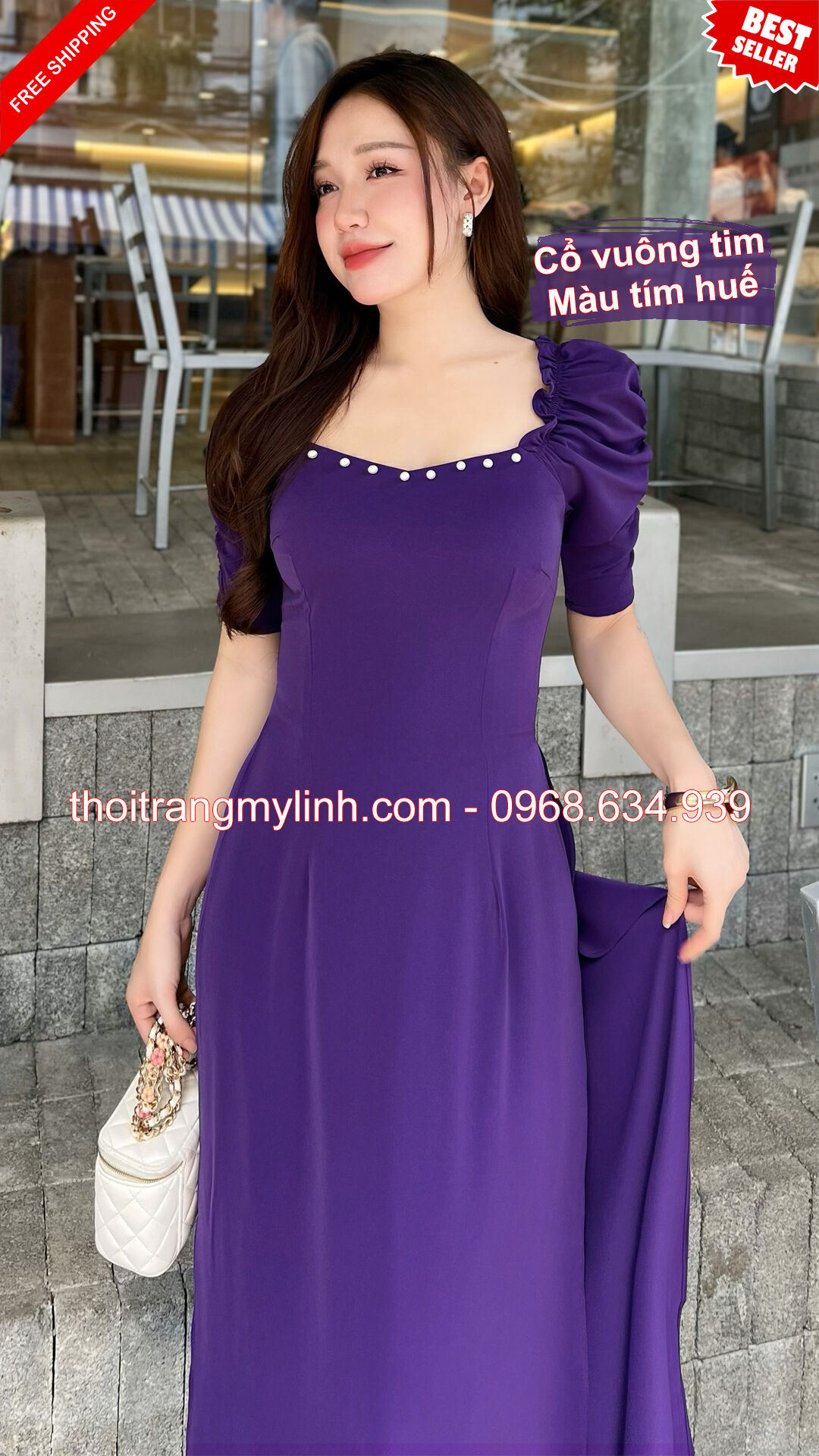 Bộ áo dài cổ vuông tim tay dún màu tím huế