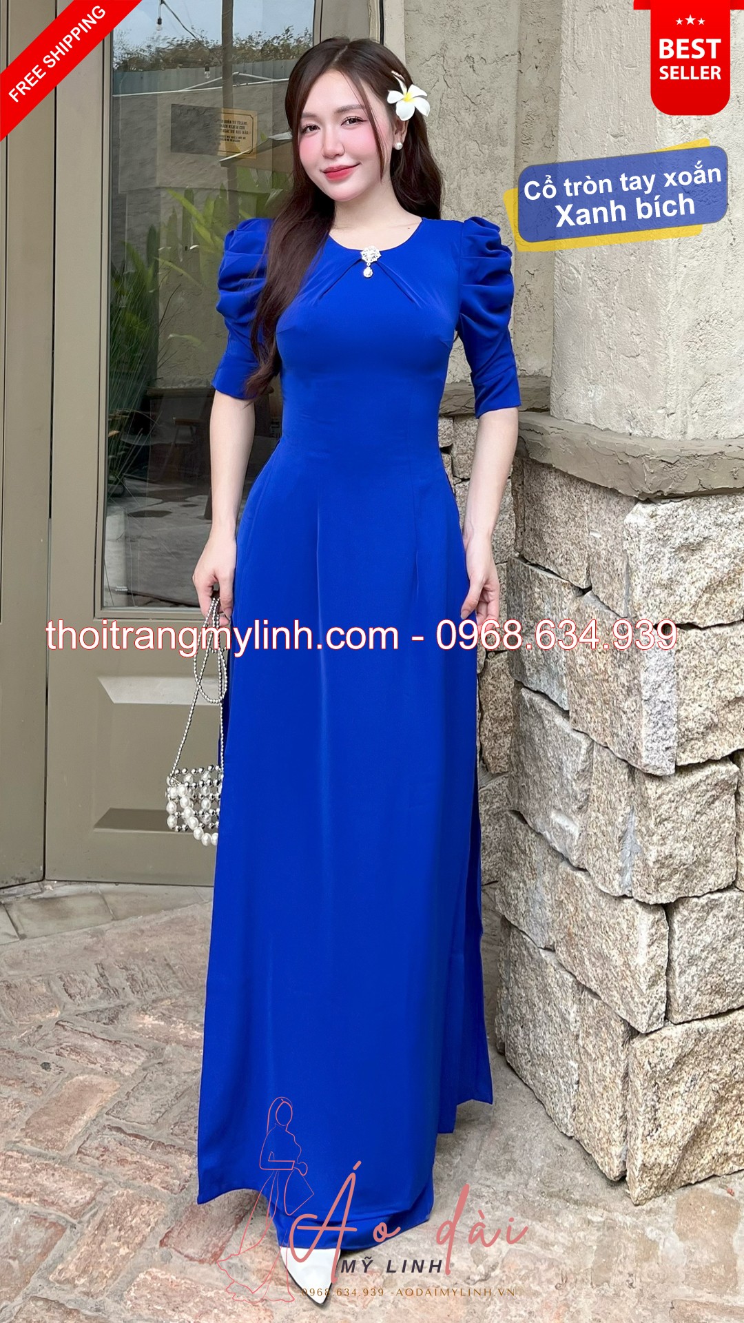 Bộ áo dài cổ tròn xếp li đính đá tay xoắn xanh bích