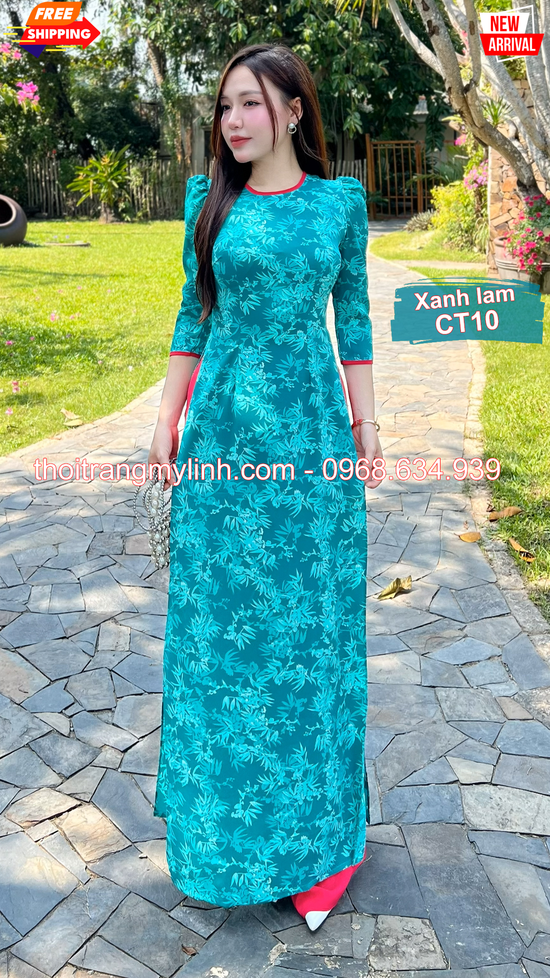 Áo dài cổ tròn họa tiết xanh lam CT10