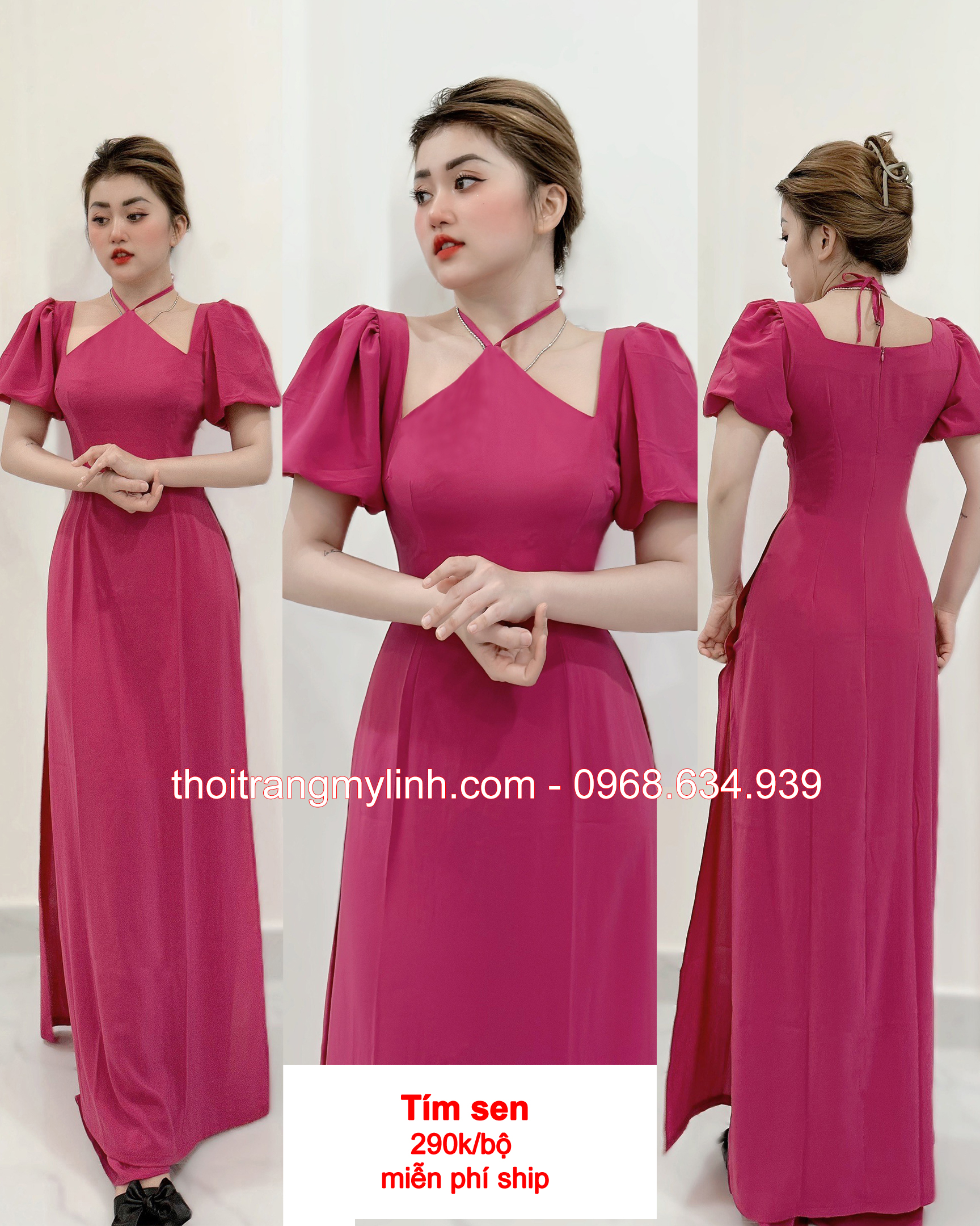 Áo dài cổ yếm tay phồng bí màu tím sen