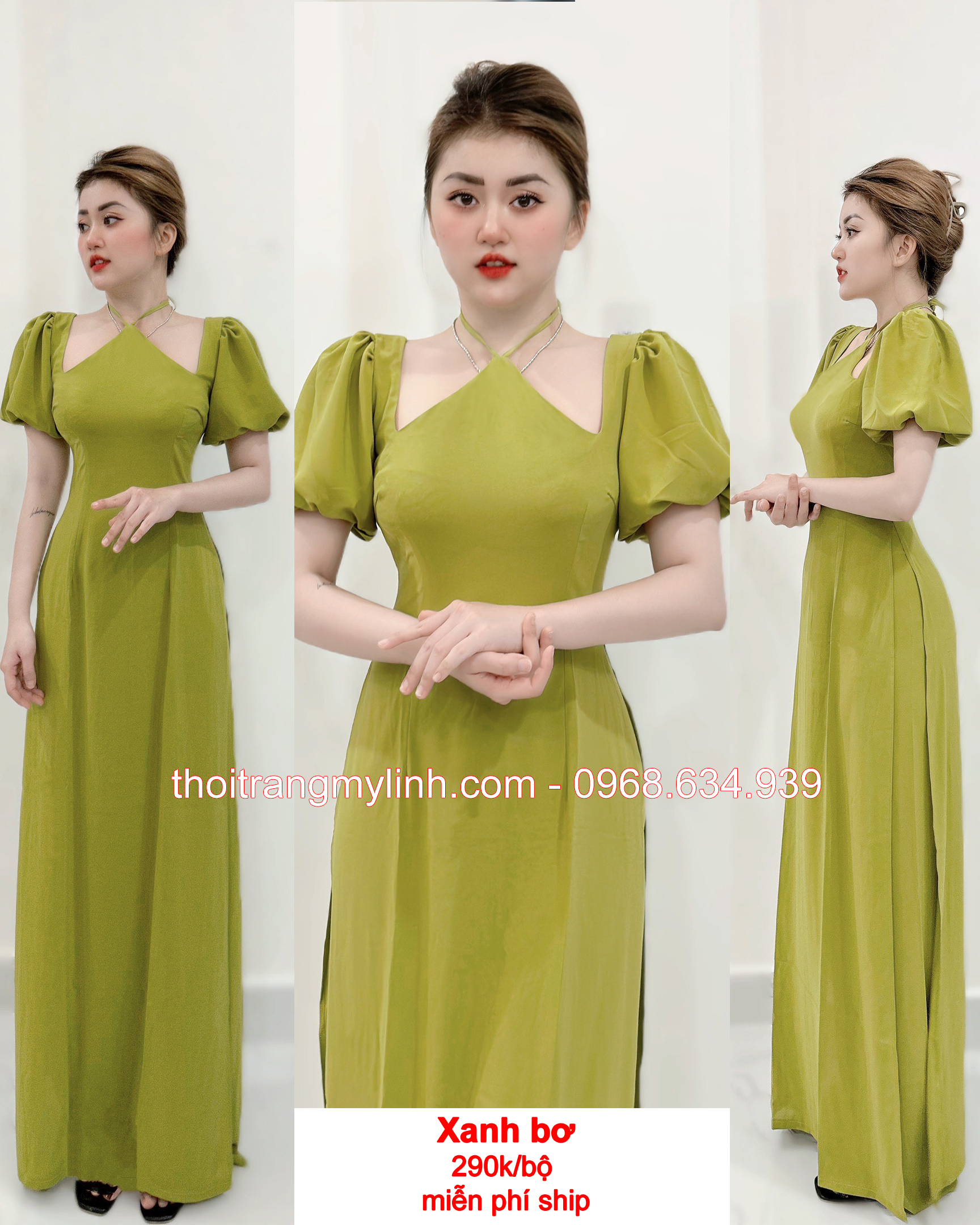 Áo dài cổ yếm tay phồng bí màu xanh bơ