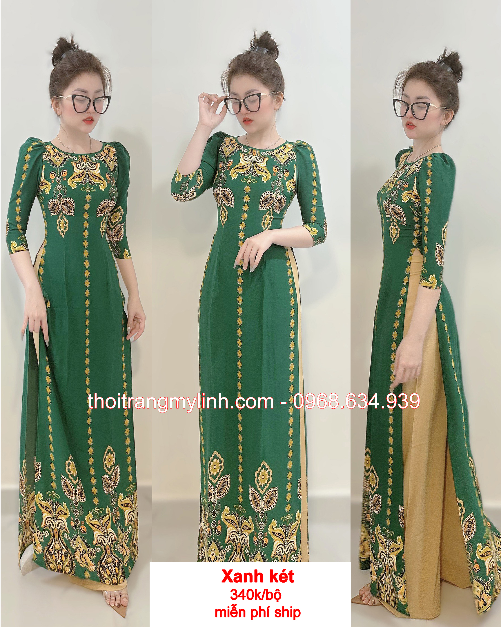 Áo dài họa tiết cổ thuyền màu xanh két